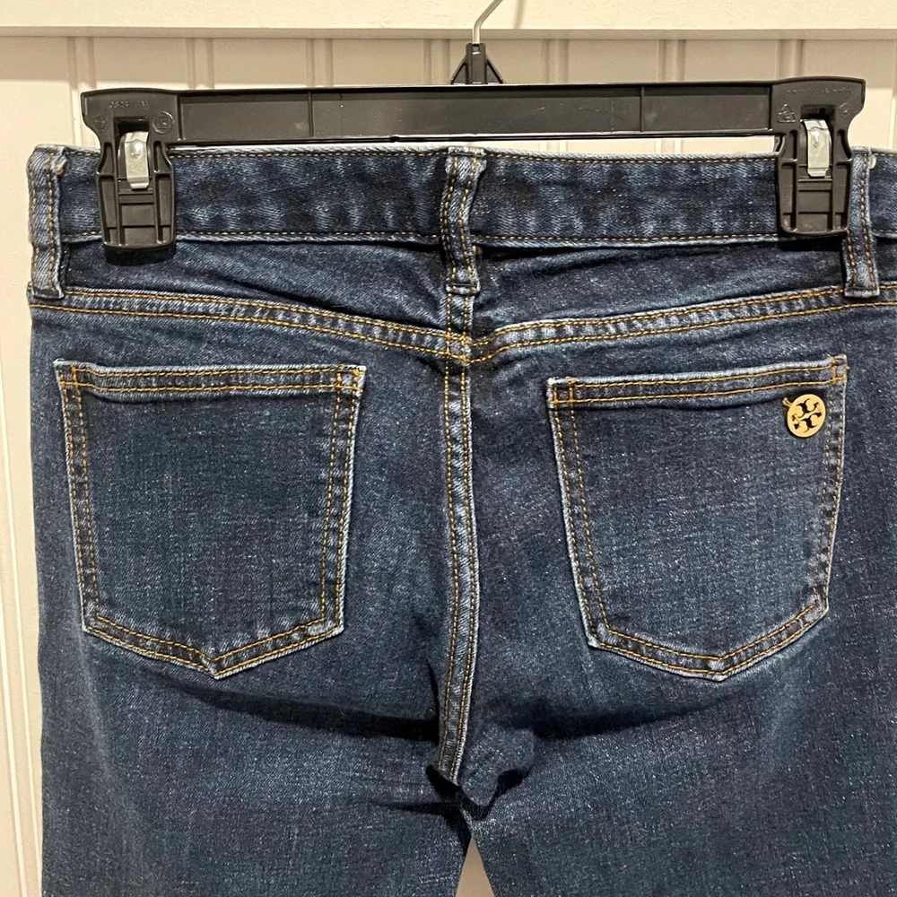 Tory Burch Super Skinny Jean Womens 26 Dark Wash Blue Gold Logo Hardware Denim